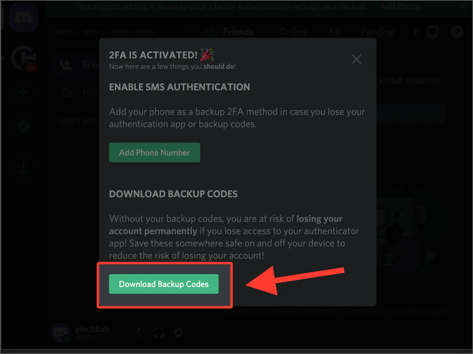Download back-up codes
