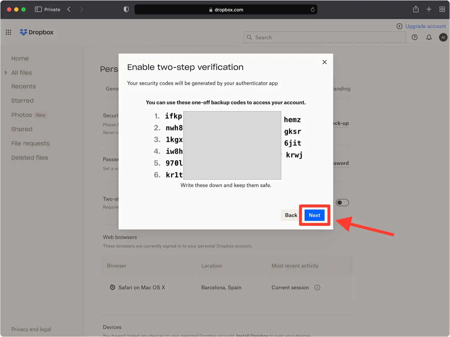 Save your Backup Codes!