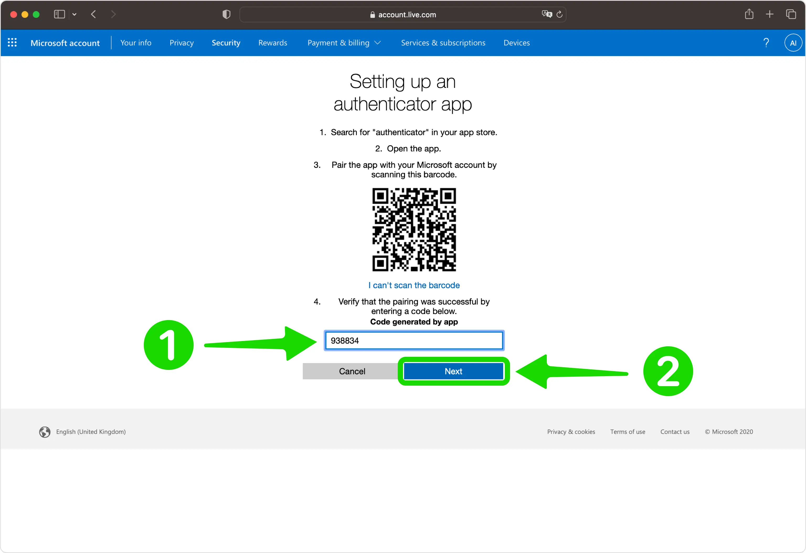 Confirm Authenticator OTP code